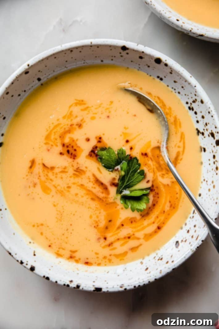 Turkish Red Lentil Soup 2 Mercimek Corbasi in speckled bowl