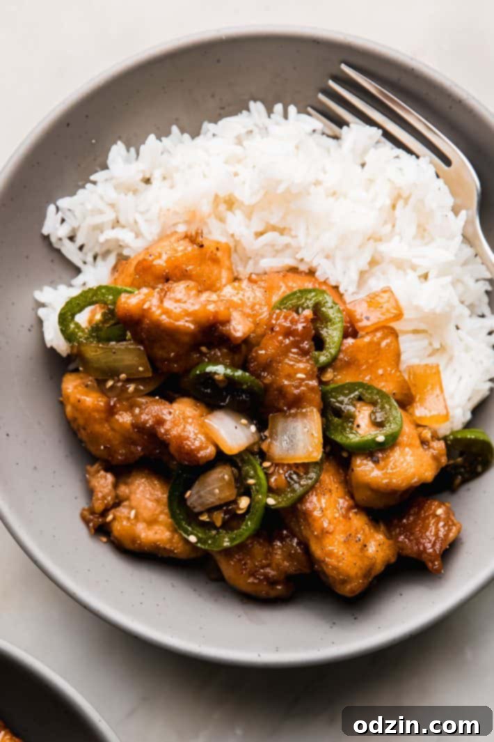 jalapeno chicken on plate with rice and fork