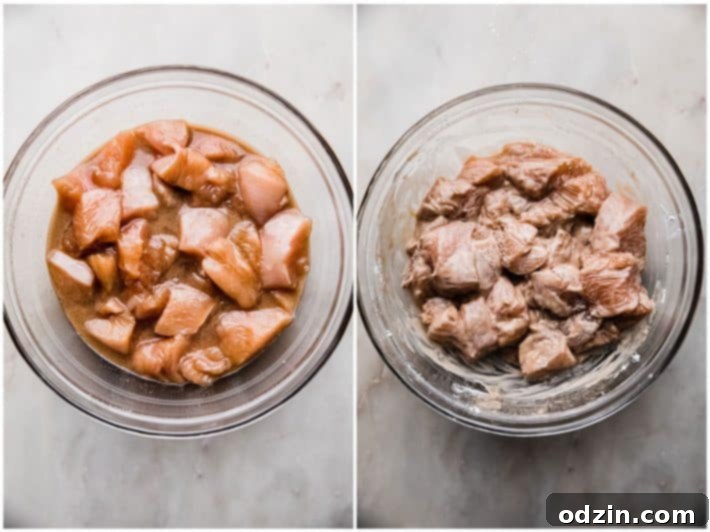 velveted chicken and then chicken dusted with cornstarch