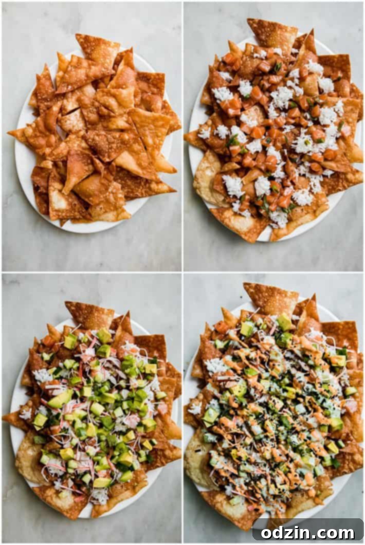 Spicy California Sushi Wonton Nachos 6 process for topping California sushi nachos