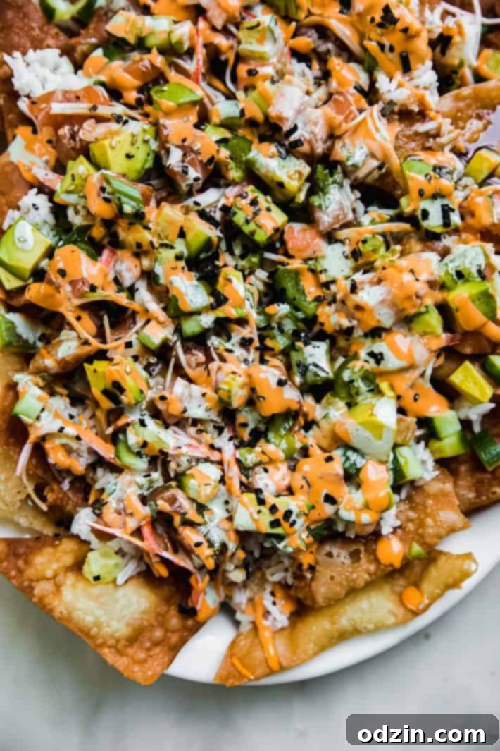 Spicy California Sushi Wonton Nachos 7 wonton nachos on platter