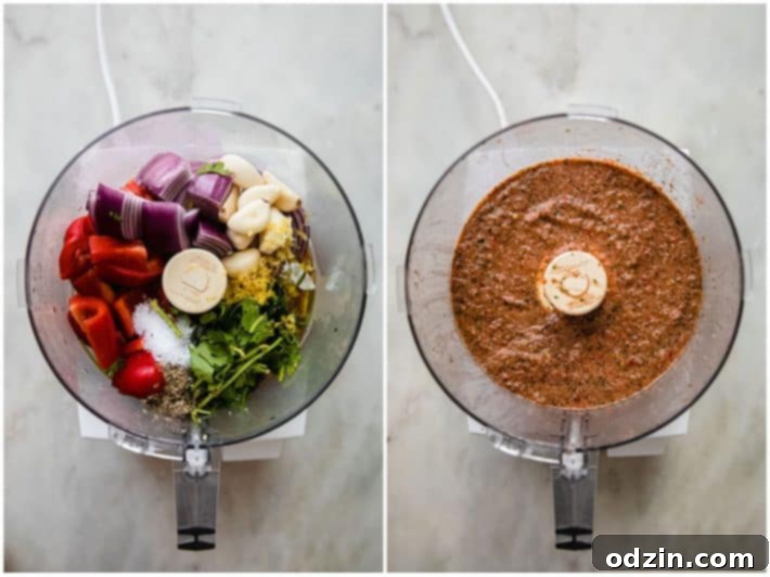 A two-part image showing the peri peri sauce ingredients in a food processor before blending and the smooth, vibrant red paste after blending