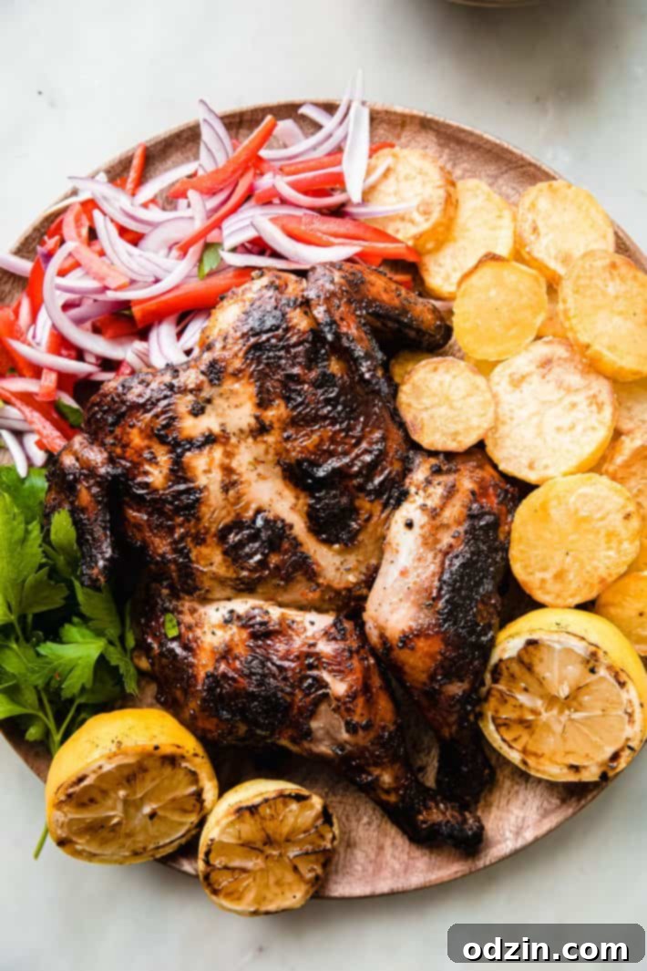 Delicious grilled chicken pieces with roasted potatoes artfully arranged on a wooden serving plate