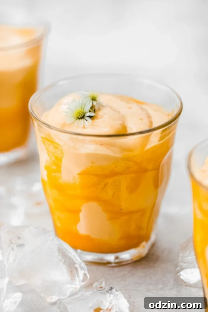 cup drizzled with mango pulp and blended drink