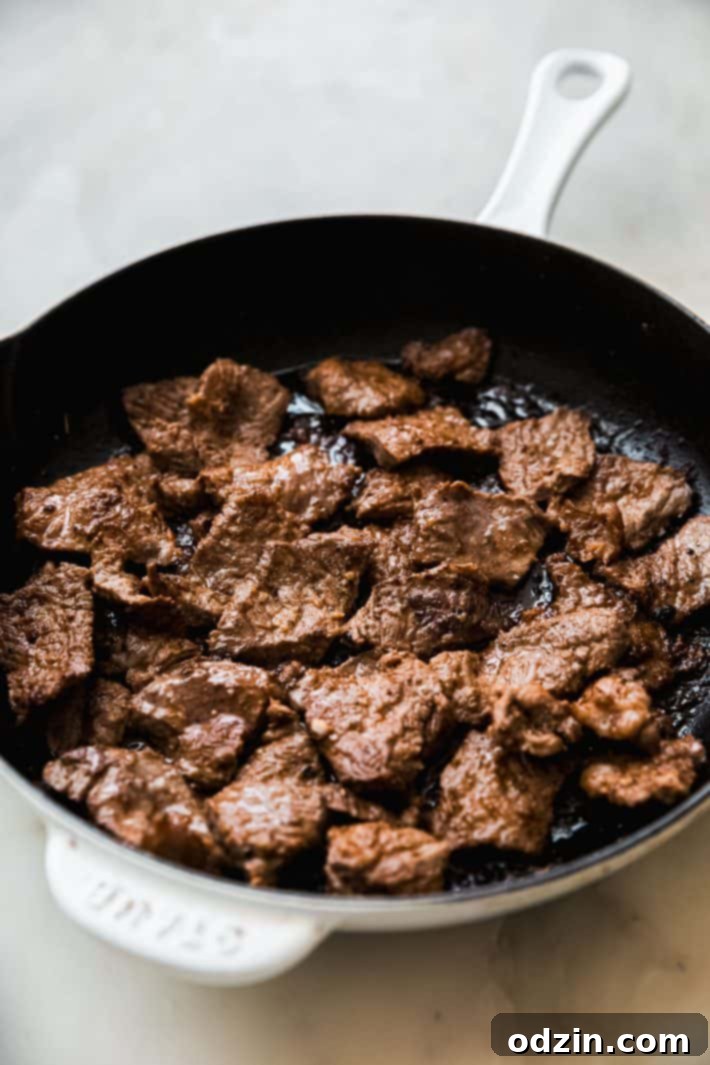 Perfectly seared beef steak in a cast iron pan