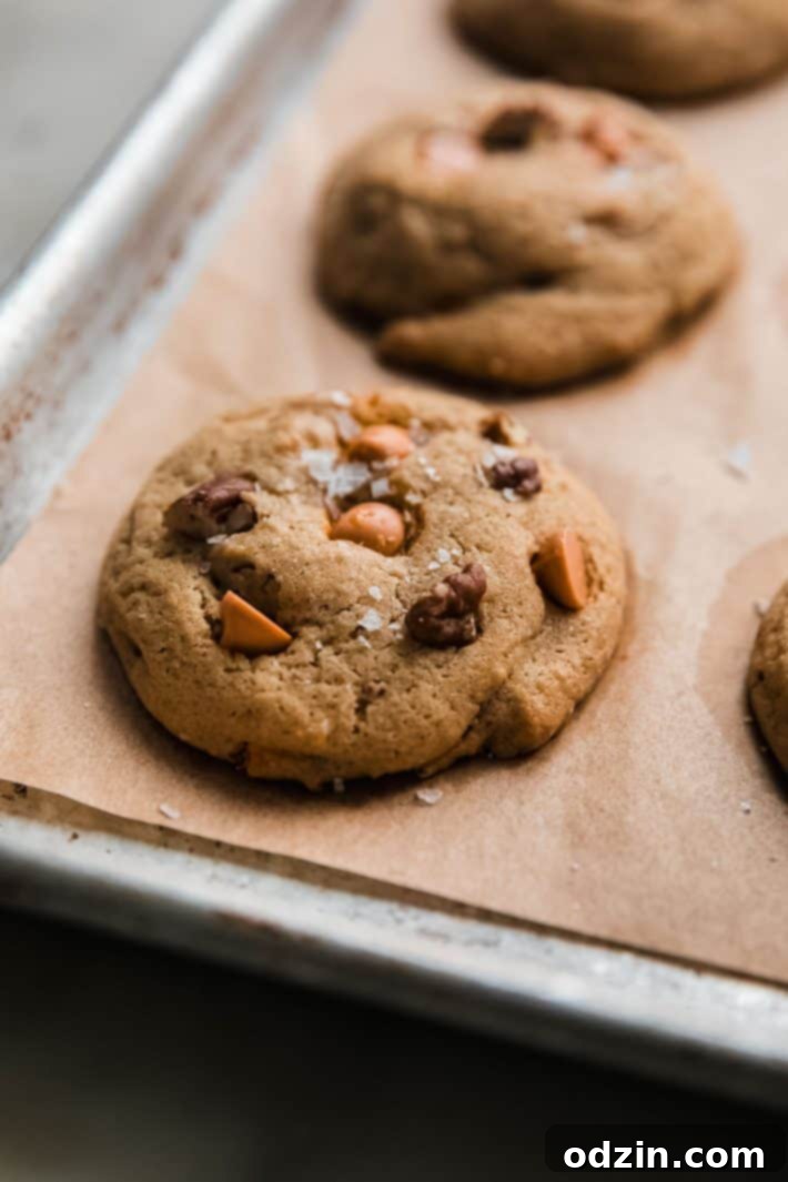 Freshly baked Harry Potter Butterbeer Cookies on a baking sheet, sprinkled with sea salt