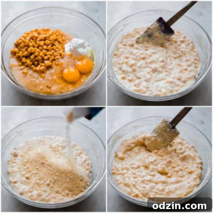 Image showing the process of mixing ingredients for the Boursin Jiffy Corn Casserole batter in a large mixing bowl.