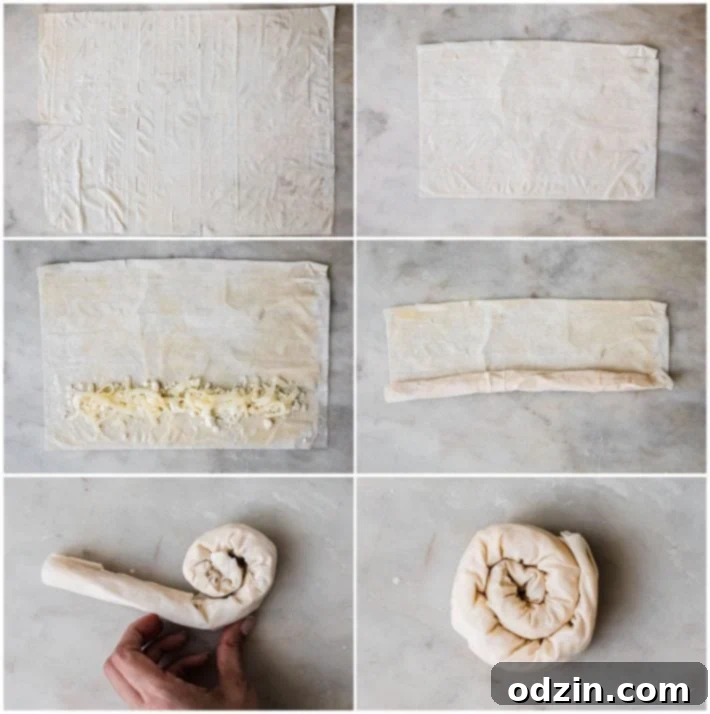 Step-by-step process of preparing phyllo dough spirals with cheese filling: laying buttered phyllo, adding cheese, and rolling into a spiral shape.