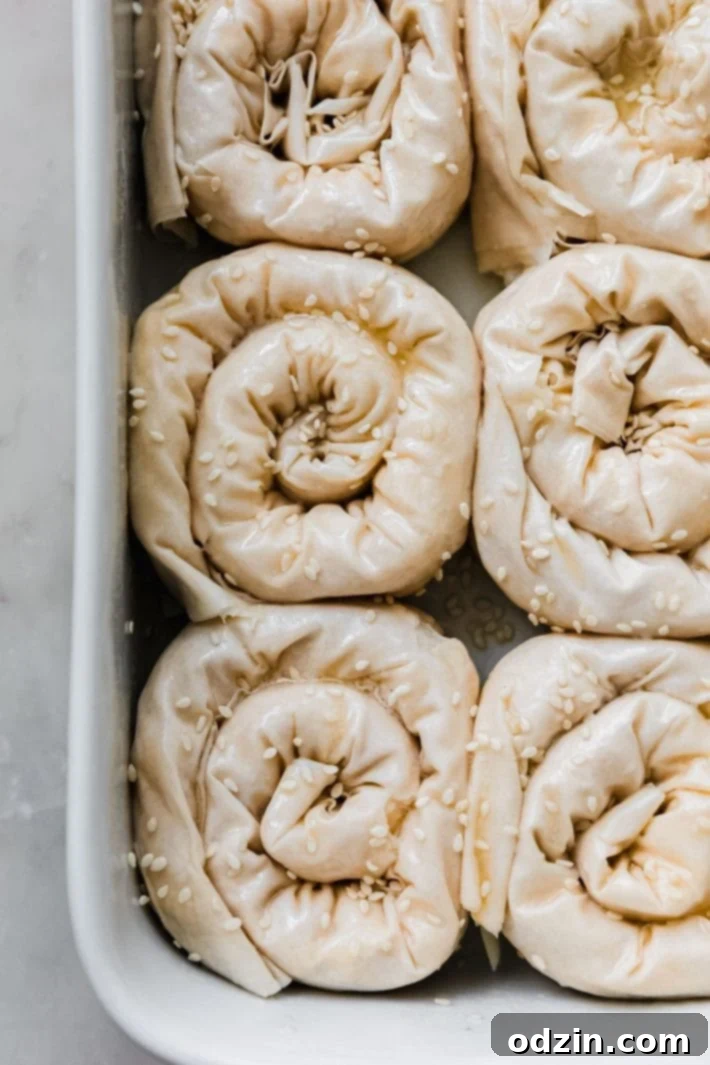 Cheese and phyllo spirals arranged neatly in a rectangular baking dish, ready for the oven, topped with sesame seeds.