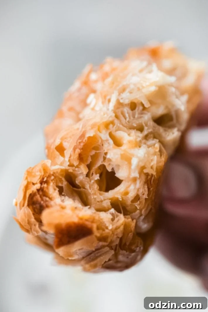 A close-up of a phyllo wrapped feta spiral, showing the many delicate layers of crispy dough and the rich cheese filling inside.