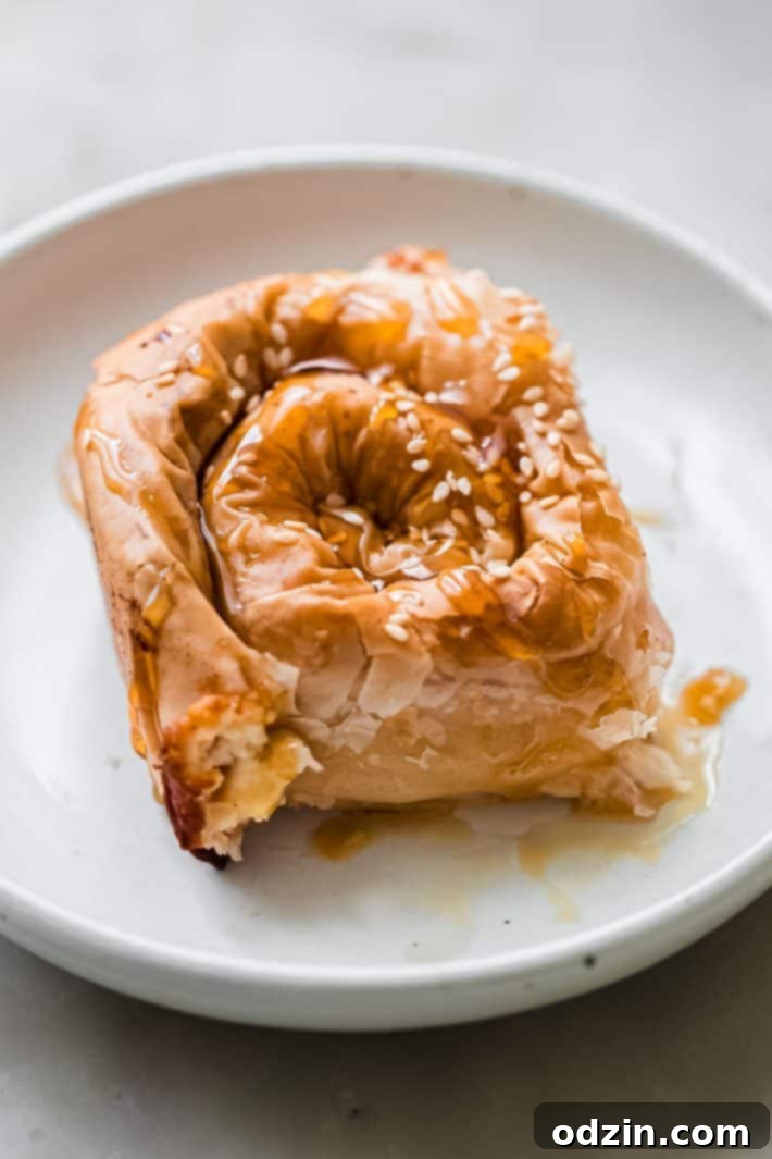 A final shot of the golden brown, crispy feta phyllo spirals on a plate, ready to be served, highlighting their inviting texture.