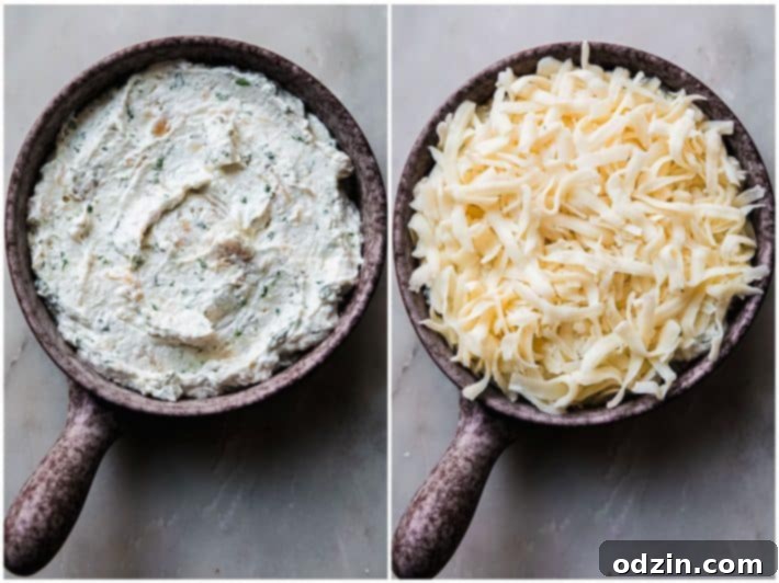 garlic bread dip before and after adding shredded mozzarella