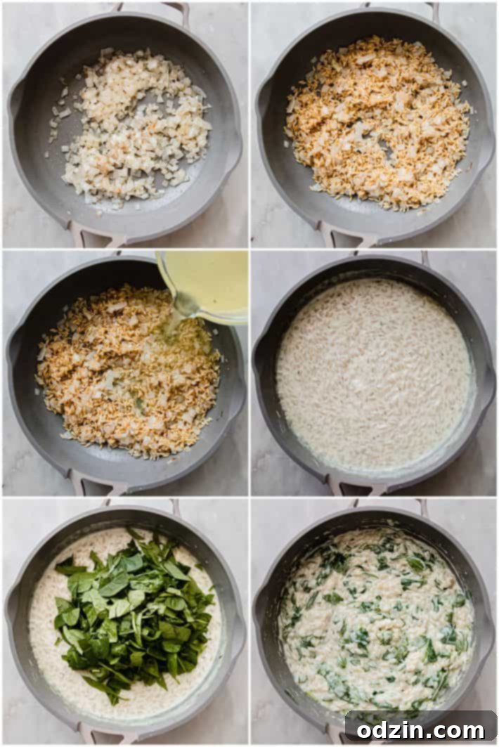 Step-by-step process for making creamy Boursin orzo, showing ingredients in a pan at various stages.