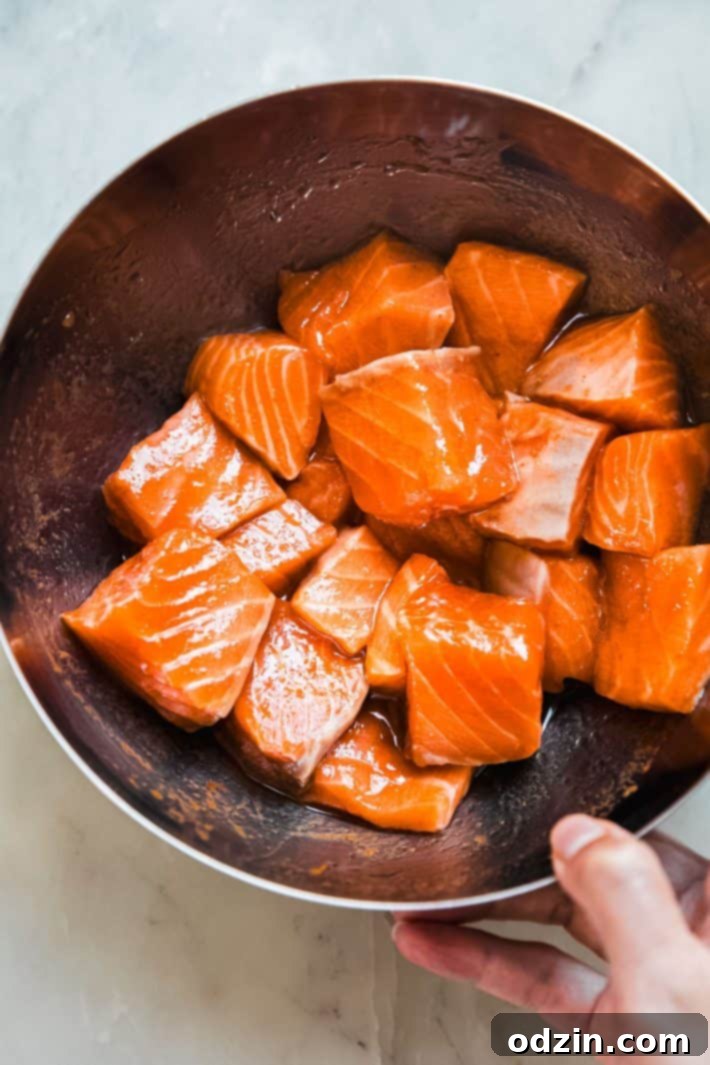 marinated salmon pieces in bowl