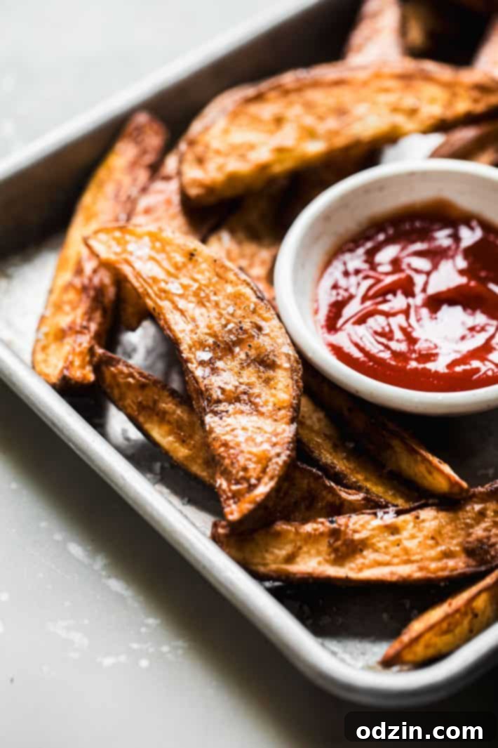 Crispy Air Fryer Potato Wedges 6 wedges on sheet tray with ketchup