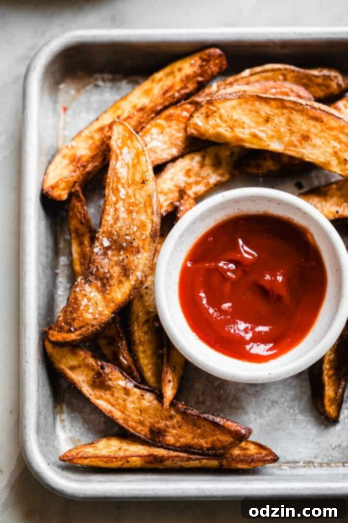Crispy Air Fryer Potato Wedges 7 potato wedges on sheet pan with ketchup