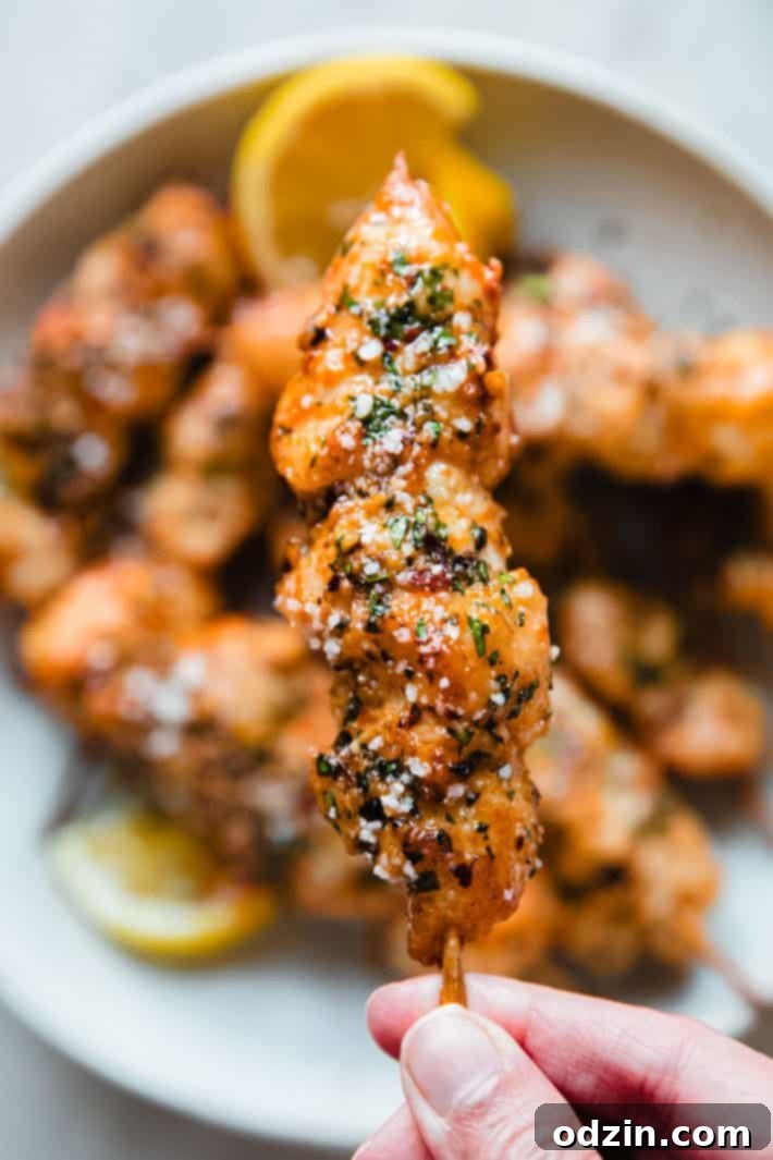 Golden Garlic Parmesan Chicken Skewers 3 chicken skewer in hand