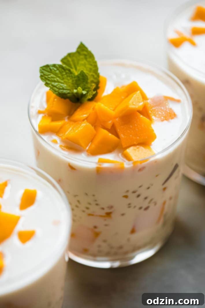 A beautifully presented glass of Mango Bango pudding, showcasing its creamy texture and topped generously with vibrant, fresh mango chunks, ready to be enjoyed.