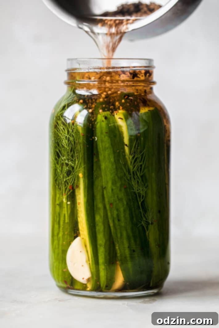pickling liquid being poured into jar with cucumbers, fresh dill weed, and garlic cloves