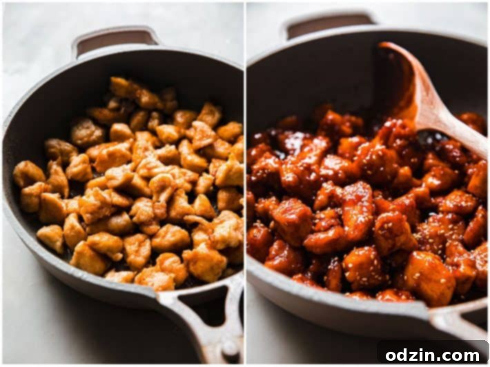 Fried chicken pieces in a skillet, golden and crispy, alongside a bowl of chicken being tossed in honey gochujang sauce.