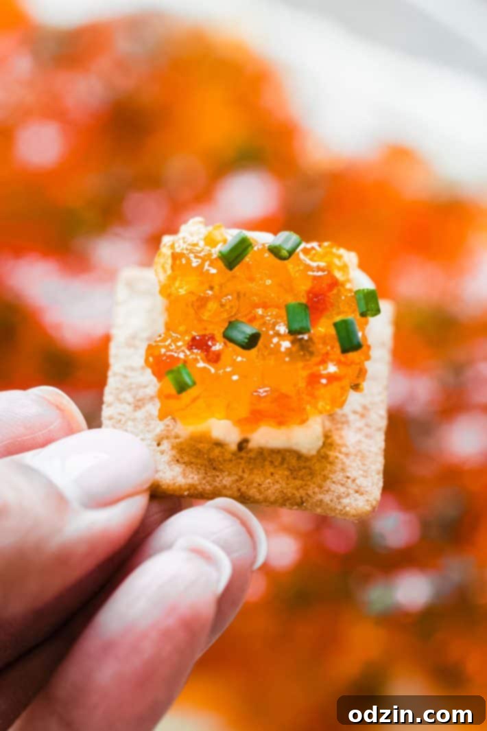 Quick and Easy Pepper Jelly Cheese Dip 6 cracker with cheese and pepper jelly