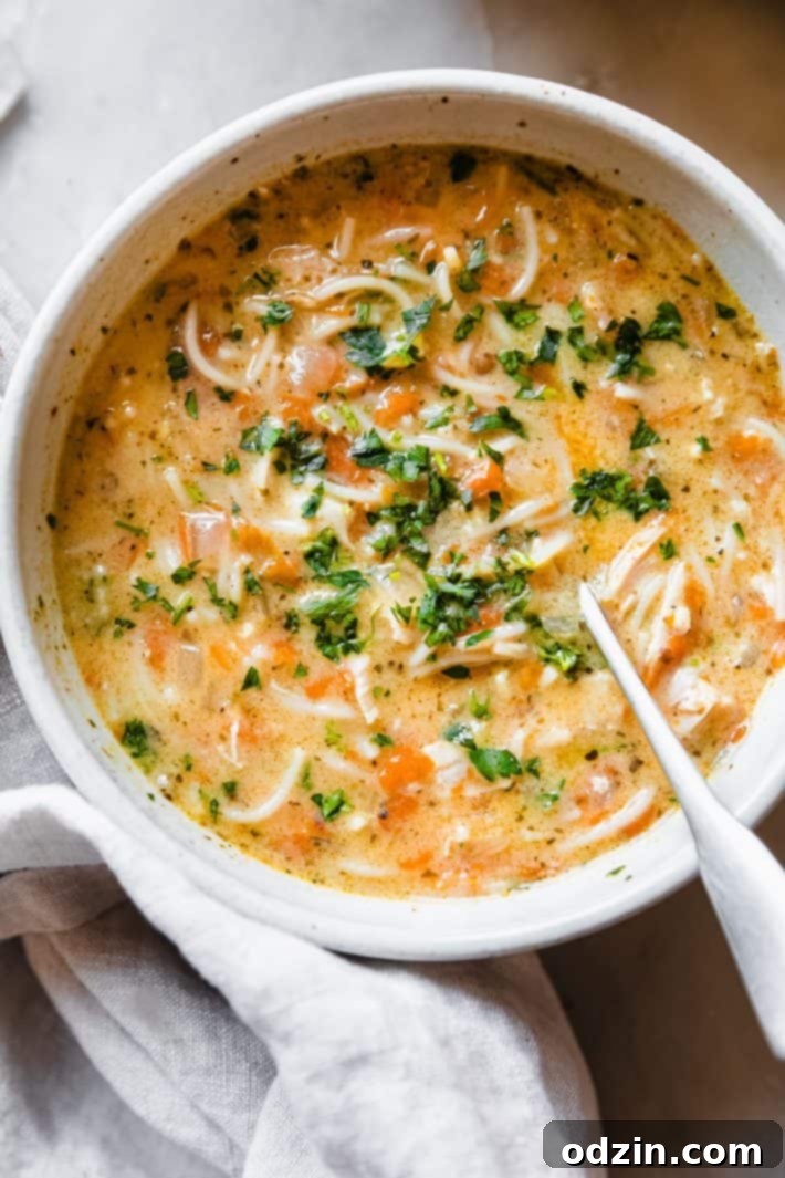 Traditional Turkish Chicken Noodle Soup 7 creamy chicken soup topped with parsley in bowl with spoon and kitchen towel