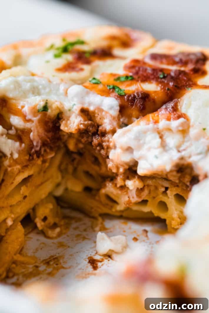 Egyptian Béchamel Macaroni Bake 3 A perfectly sliced piece of Macarona Bechamel on a white plate, revealing distinct layers of penne pasta, savory meat sauce, and creamy béchamel, topped with golden melted mozzarella.