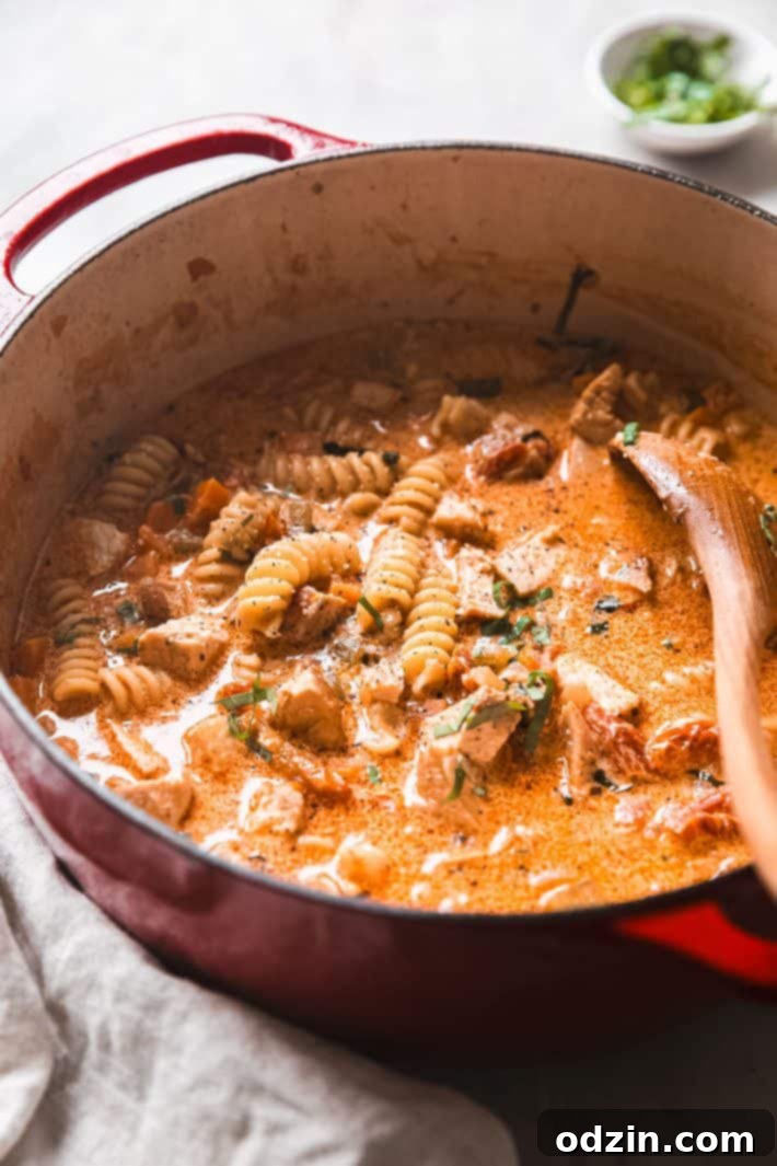 The Ultimate Marry Me Chicken Soup 2 marry me chicken soup in cast iron pot with fresh basil on top