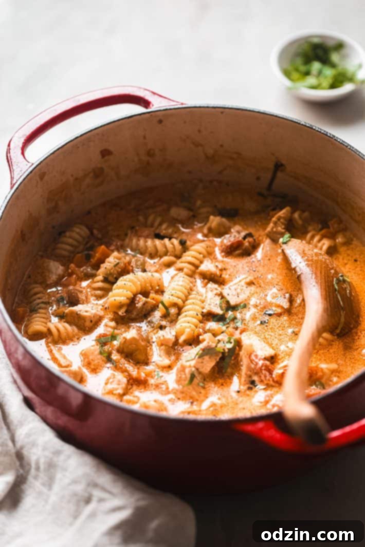 The Ultimate Marry Me Chicken Soup 5 marry me chicken soup in cast iron pot with wooden spoon