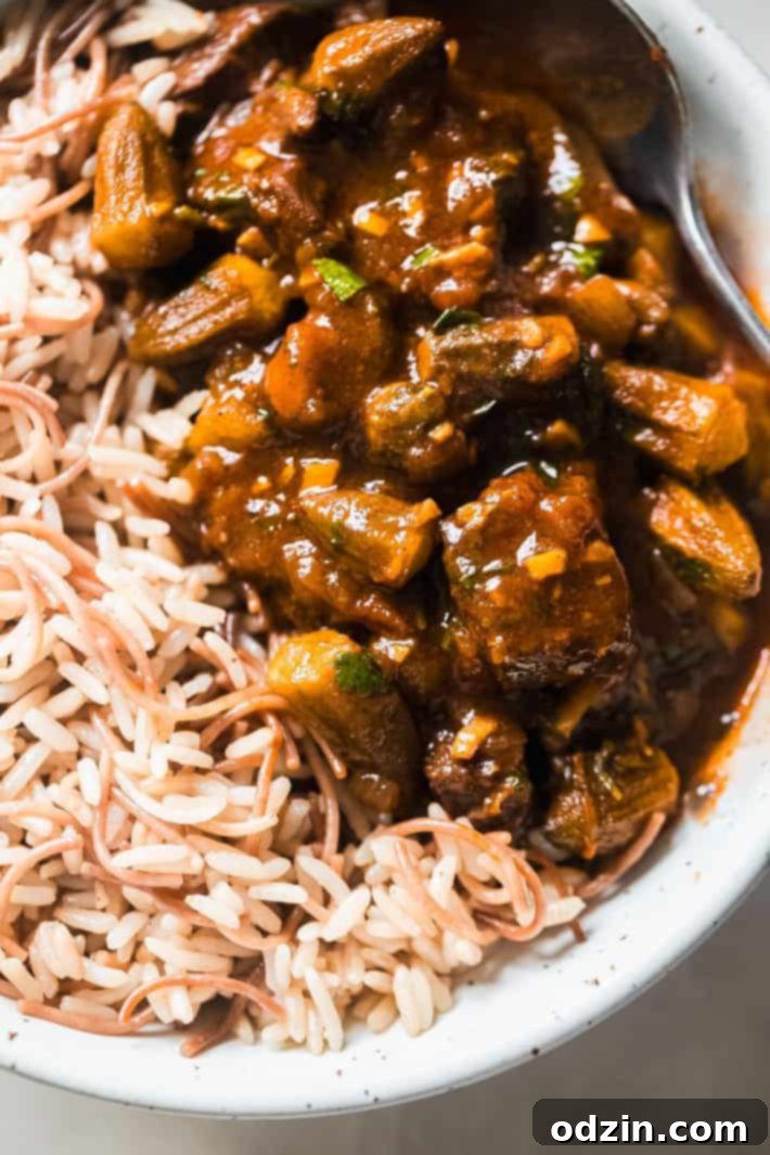 A hearty bowl of Middle Eastern okra stew with beef (Bamya) served with fluffy vermicelli rice, ready for a comforting meal.