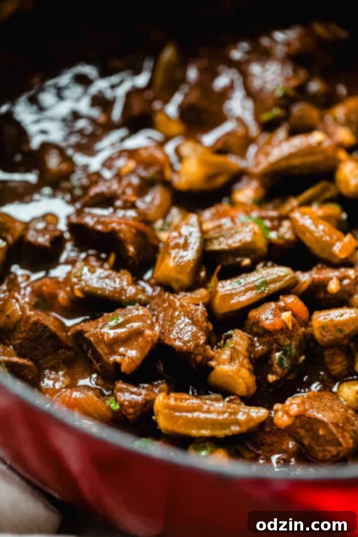 Close-up of tender okra and beef chunks simmering in a rich, tomato-based stew, showcasing the vibrant colors and hearty texture.