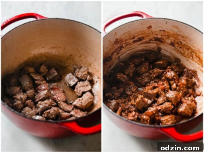 Seared beef cubes and tender onions cooking in a Dutch oven with diced tomatoes and tomato paste, building the rich base of the Bamya stew.