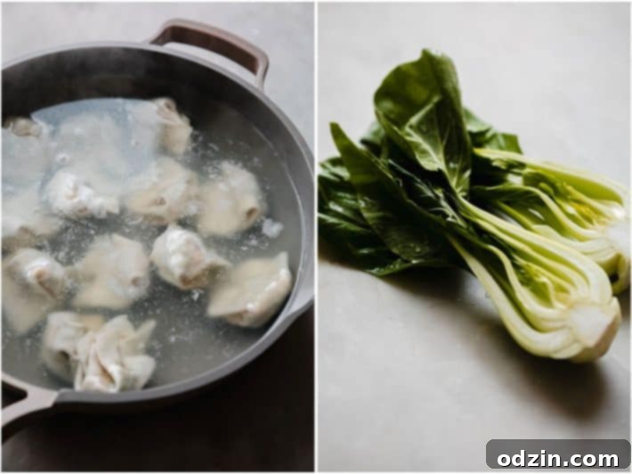 boiling wontons and bok choy cut lengthwise