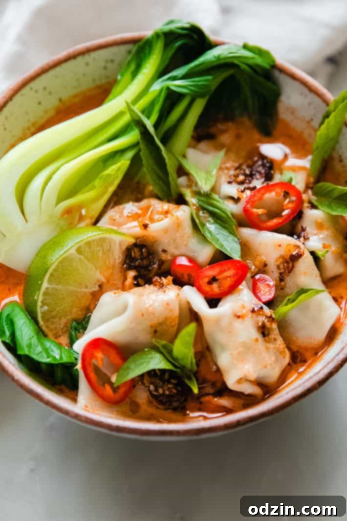 bowl of broth curry soup with lime wedge dumplings, chili, basil and Bok Choy