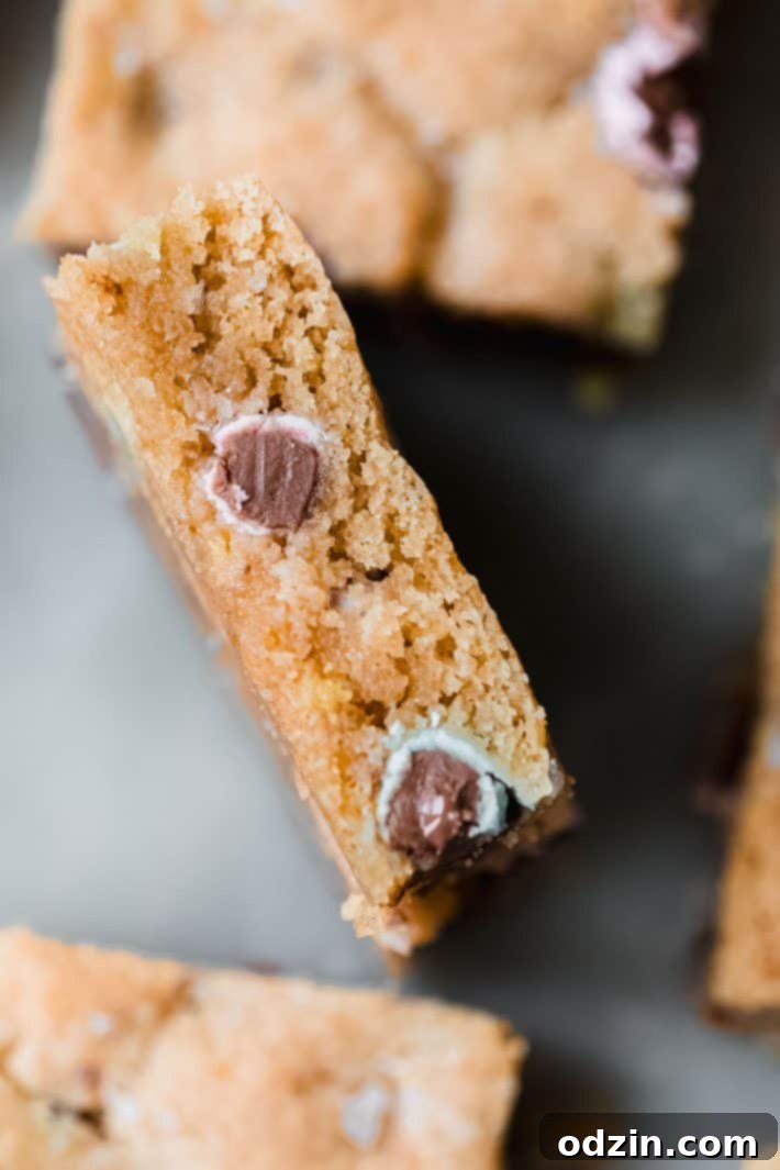 Decadent Brown Butter Cadbury Mini Egg Blondies 3 close-up showing the rich, chewy texture of brown butter blondies