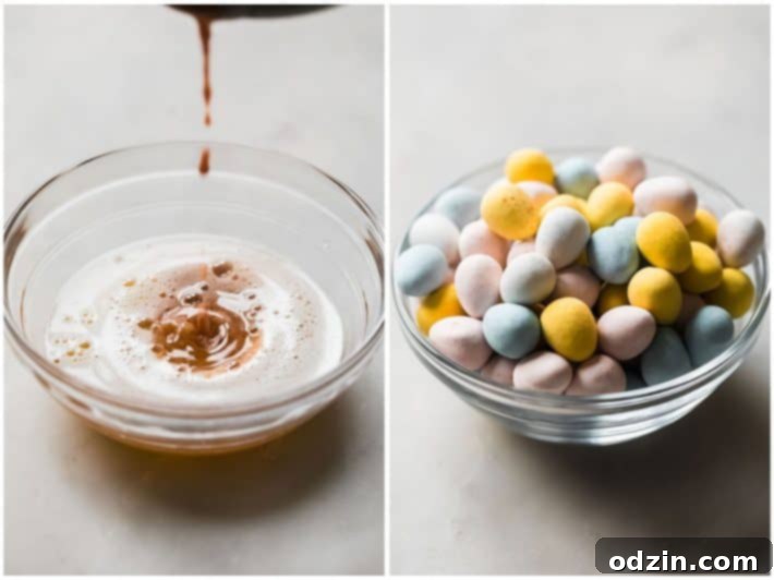 Decadent Brown Butter Cadbury Mini Egg Blondies 4 ingredients for brown butter blondies including brown butter and Cadbury mini eggs in a bowl