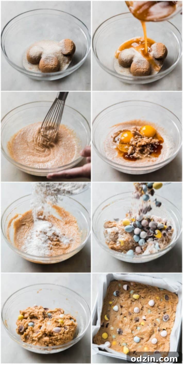 Decadent Brown Butter Cadbury Mini Egg Blondies 5 process shots for making mini egg blondies including browning butter and mixing ingredients