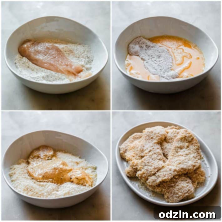 sequential images showing chicken cutlets being dredged through flour, eggs, and panko-cheese mixture, with a plate of prepared cutlets