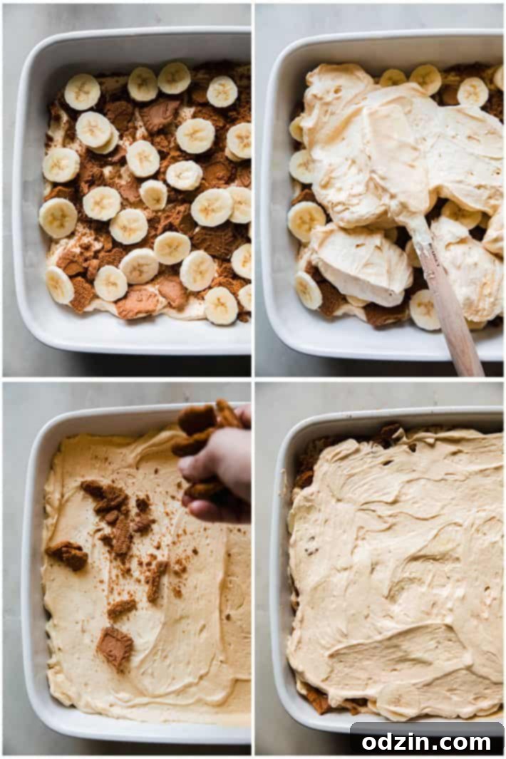 Close-up of the layering process for Biscoff banana pudding in a trifle dish
