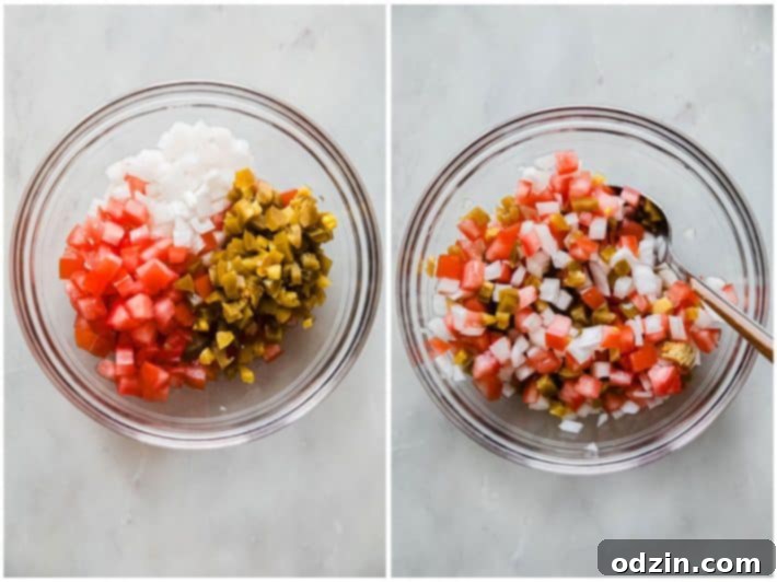 Finely chopped white onions, Roma tomatoes, and pickled jalapenos in a mixing bowl for salsa