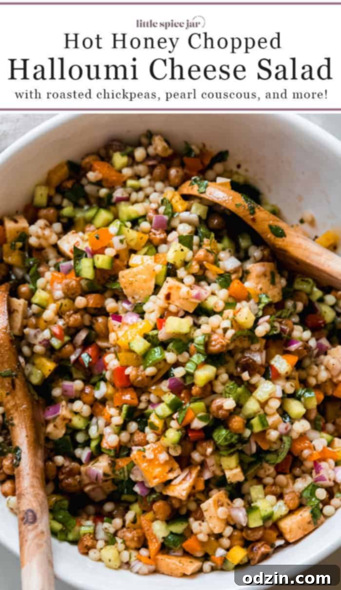 Hot Honey Halloumi Salad with Lemon Mint Dressing - Pin this recipe!