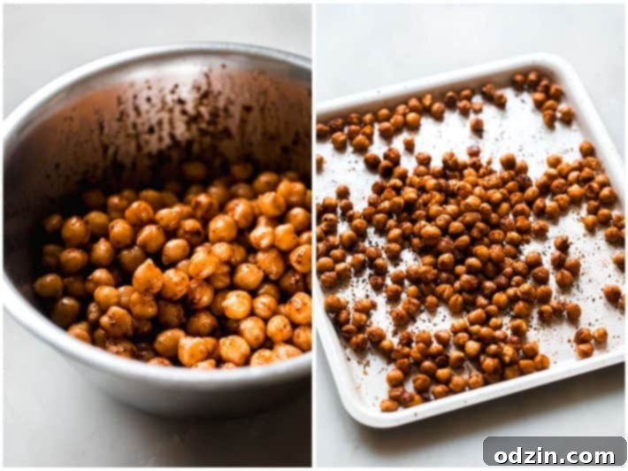 Lemon Mint Halloumi Salad 4 chickpeas in bowl with seasoning, and after roasting