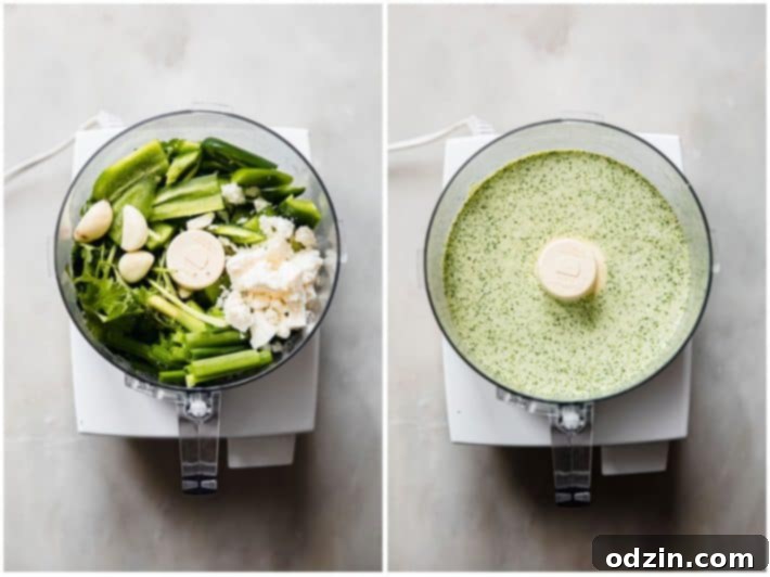 Peruvian Aji Verde Sauce 4 A visual comparison demonstrating the transition from raw Aji Verde ingredients in a food processor to the smoothly blended green sauce.