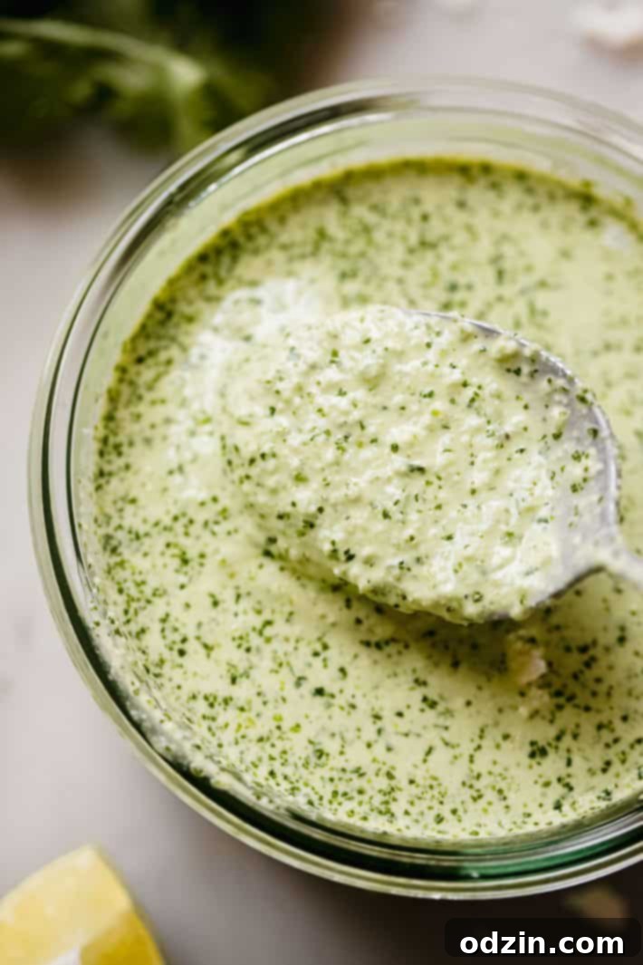 Peruvian Aji Verde Sauce 5 Close-up of freshly blended Peruvian green sauce in a serving bowl, clearly showing the characteristic speckles of cilantro and creamy texture.
