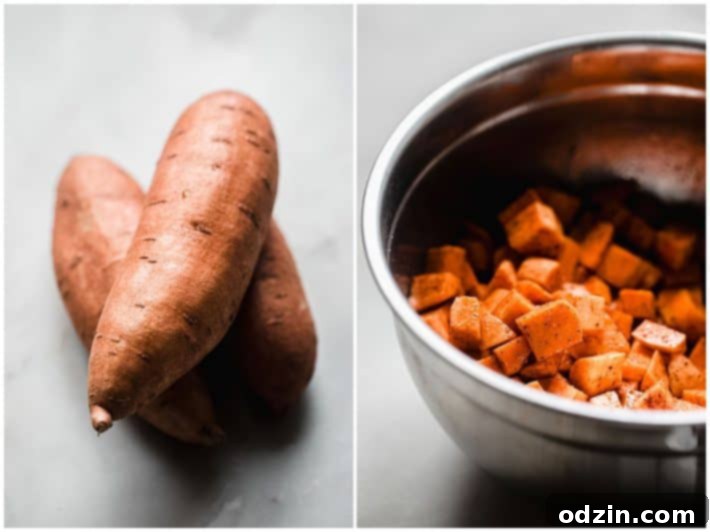 sweet potatoes before dicing and in bowl with seasonings
