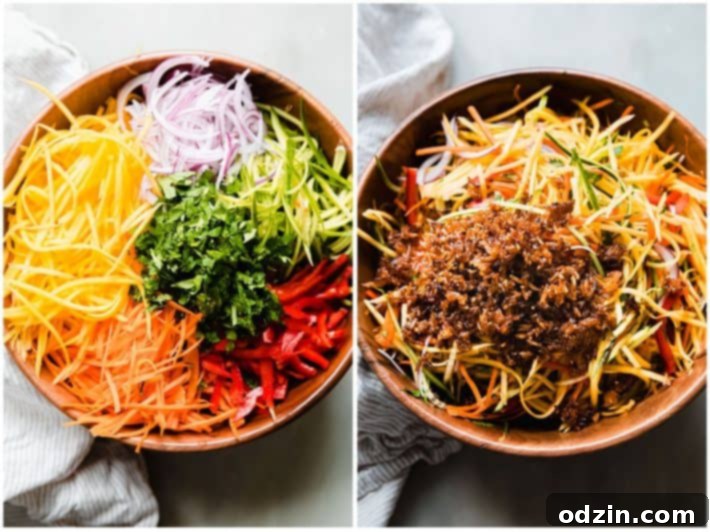 Fiery Thai Rice Crunch Salad 5 salad ingredients shredded in bowl then topped with crispy rice