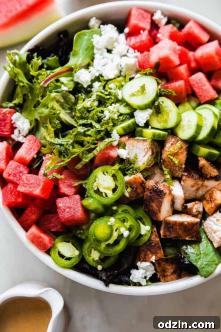 blackened watermelon chicken salad in bowl without dressing