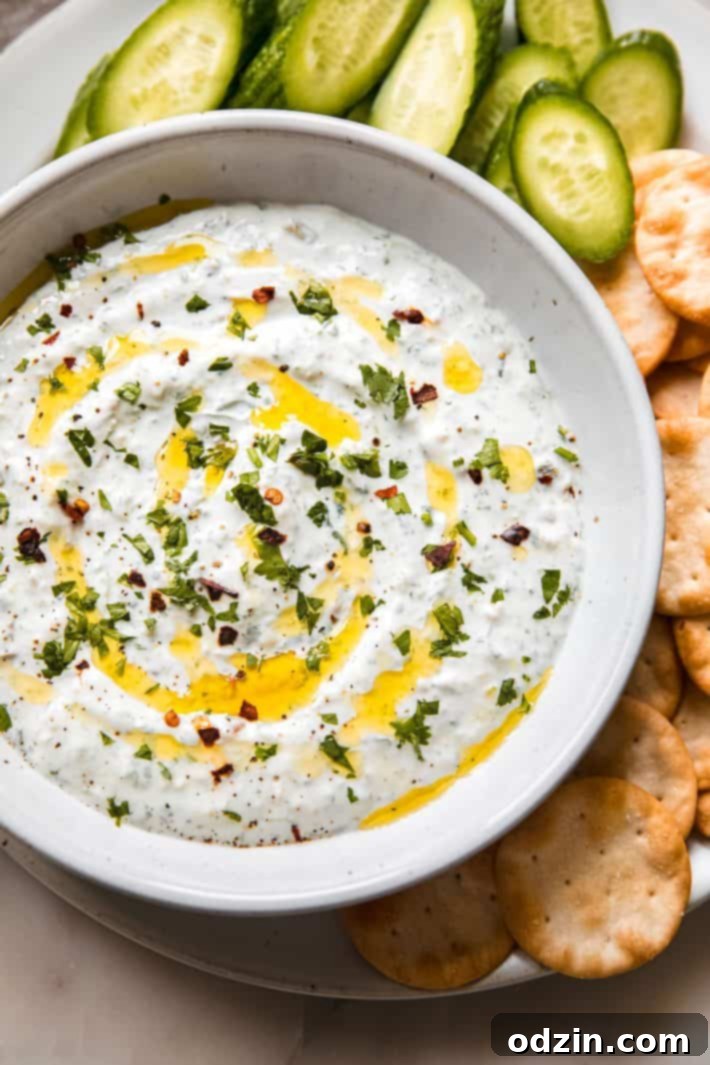 whipped labneh dip in bowl with red pepper flakes. cucumber slices and pita chips on plate