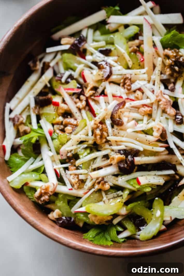 celery apple salad topped with dates and walnuts in bowl