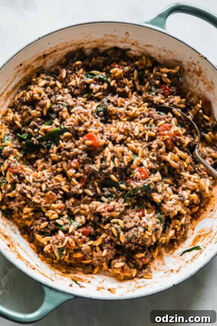 orzo ground beef cooked in pan
